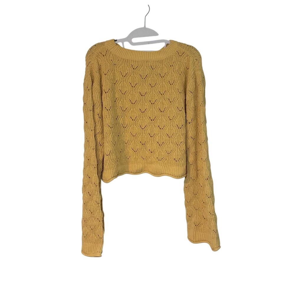 Francescas Womens Yellow Cropped Bell Sleeves Open Knit Sweater XL Boho Festival